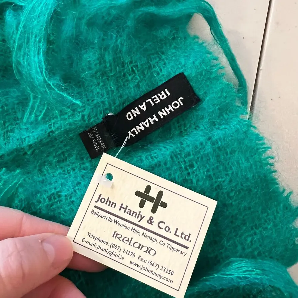 John Hanly & Co Ireland Green Hand Woven Mohair/Wool Fringe Long Wrap Scarf NEW